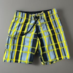 Body glove men’s board shorts, size 32 yellow black plaid beach outdoor surf